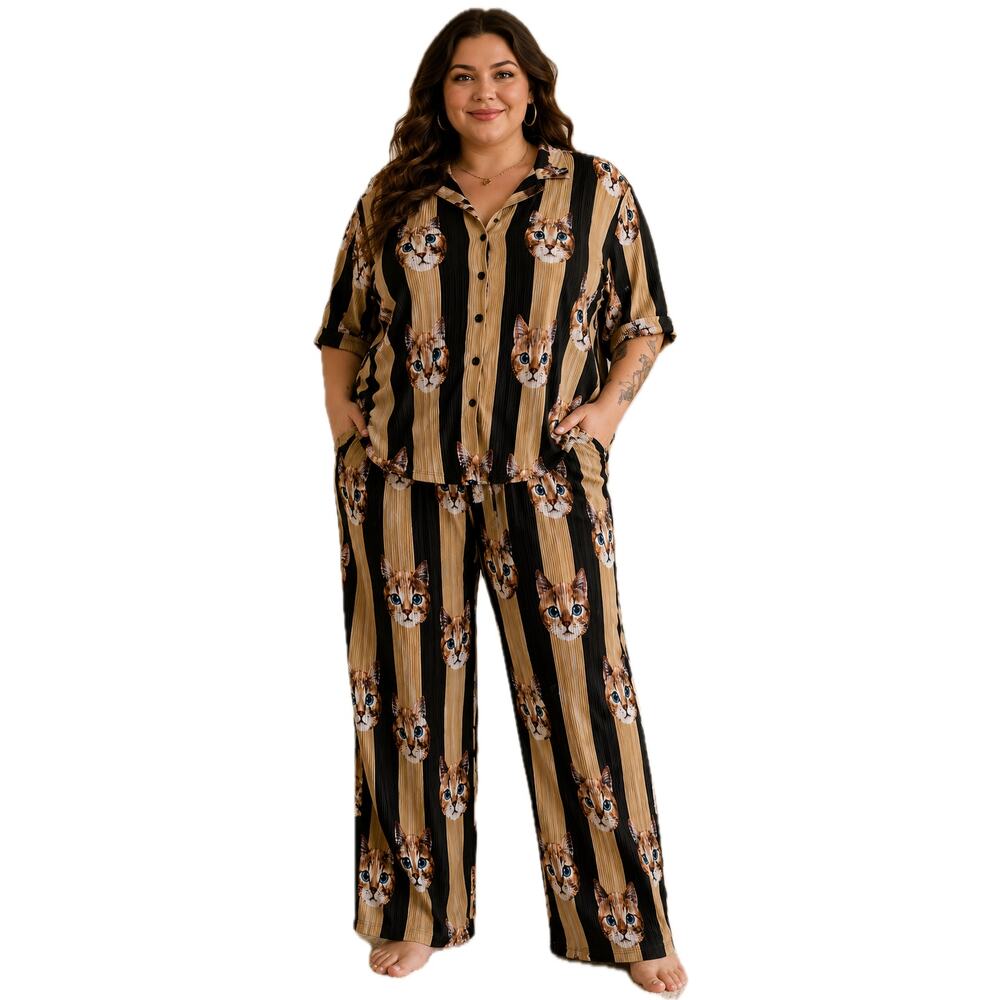 Dressed in Lala Cat Lady Plisse Lounge Set 2XL Artsy Matching Pajama Set NWT